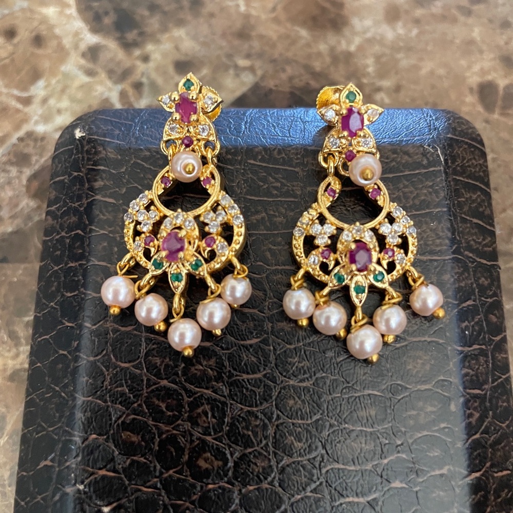 Gold-Tone Pearl Drop Earrings with Ruby and Emerald Accents